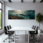 Marine dolphins underwater in seascape with corals and aquatic plants