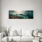 Marine dolphins underwater in seascape with corals and aquatic plants