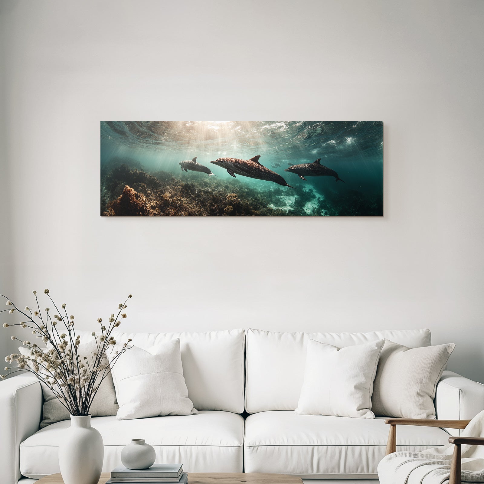 Meeres Delfine Unterwasser In Meereslandschaft Mit Korallen Und Wasserpflanzen
