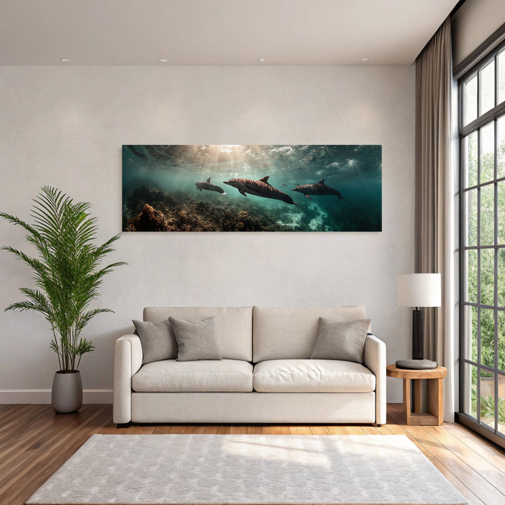 Marine dolphins underwater in seascape with corals and aquatic plants