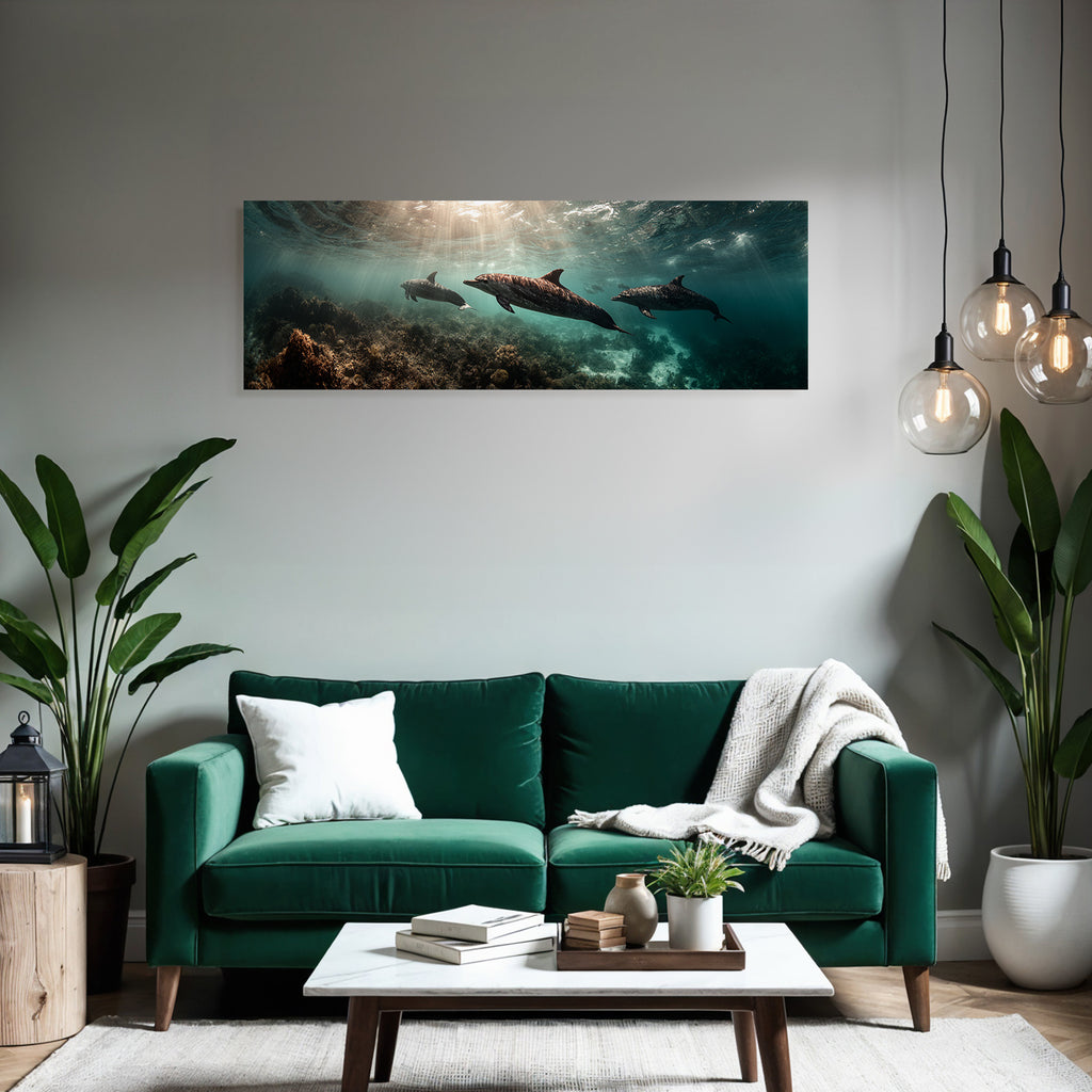 Marine dolphins underwater in seascape with corals and aquatic plants