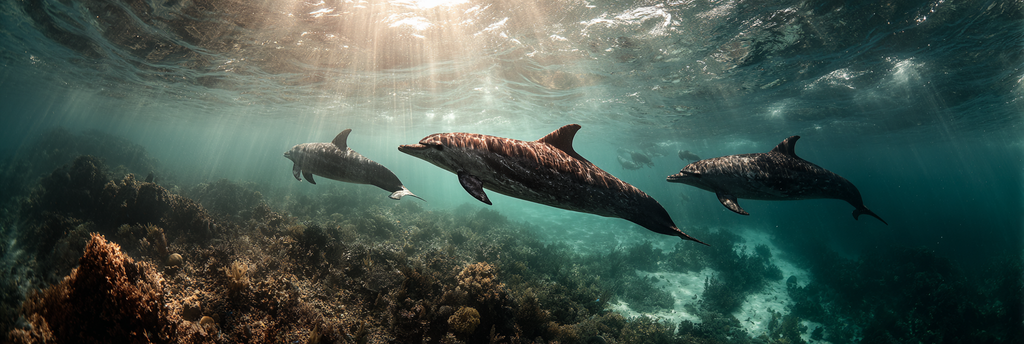 Meeres Delfine Unterwasser In Meereslandschaft Mit Korallen Und Wasserpflanzen | Meerestiere | Tiere