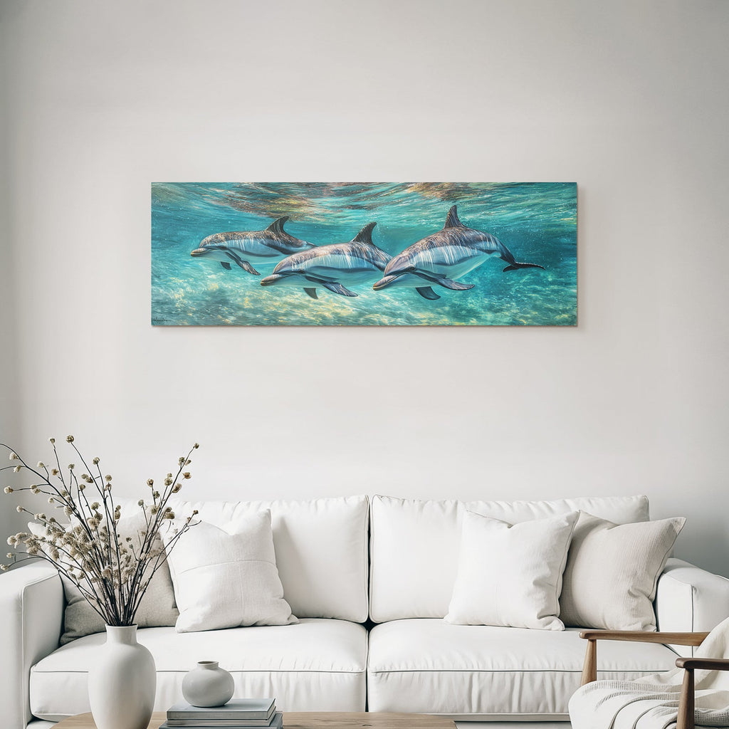 Meeres Drei Delphine Schwimmen Unterwasser