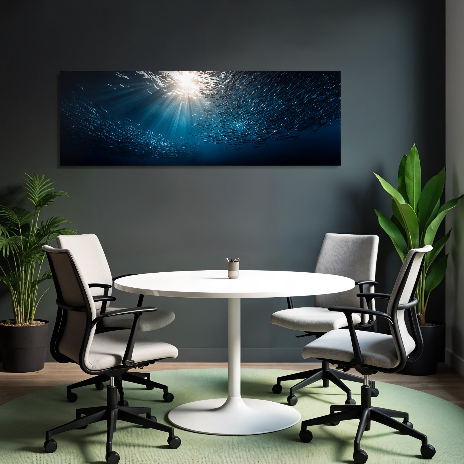Meeres Fischschwarm Unterwasser Mit Sonnenlicht Effekt