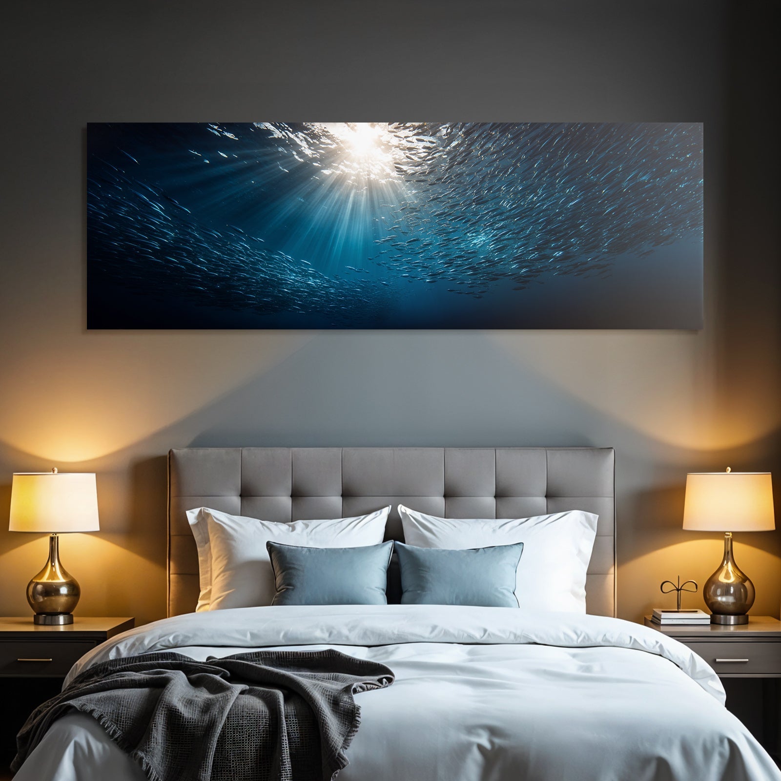 Meeres Fischschwarm Unterwasser Mit Sonnenlicht Effekt