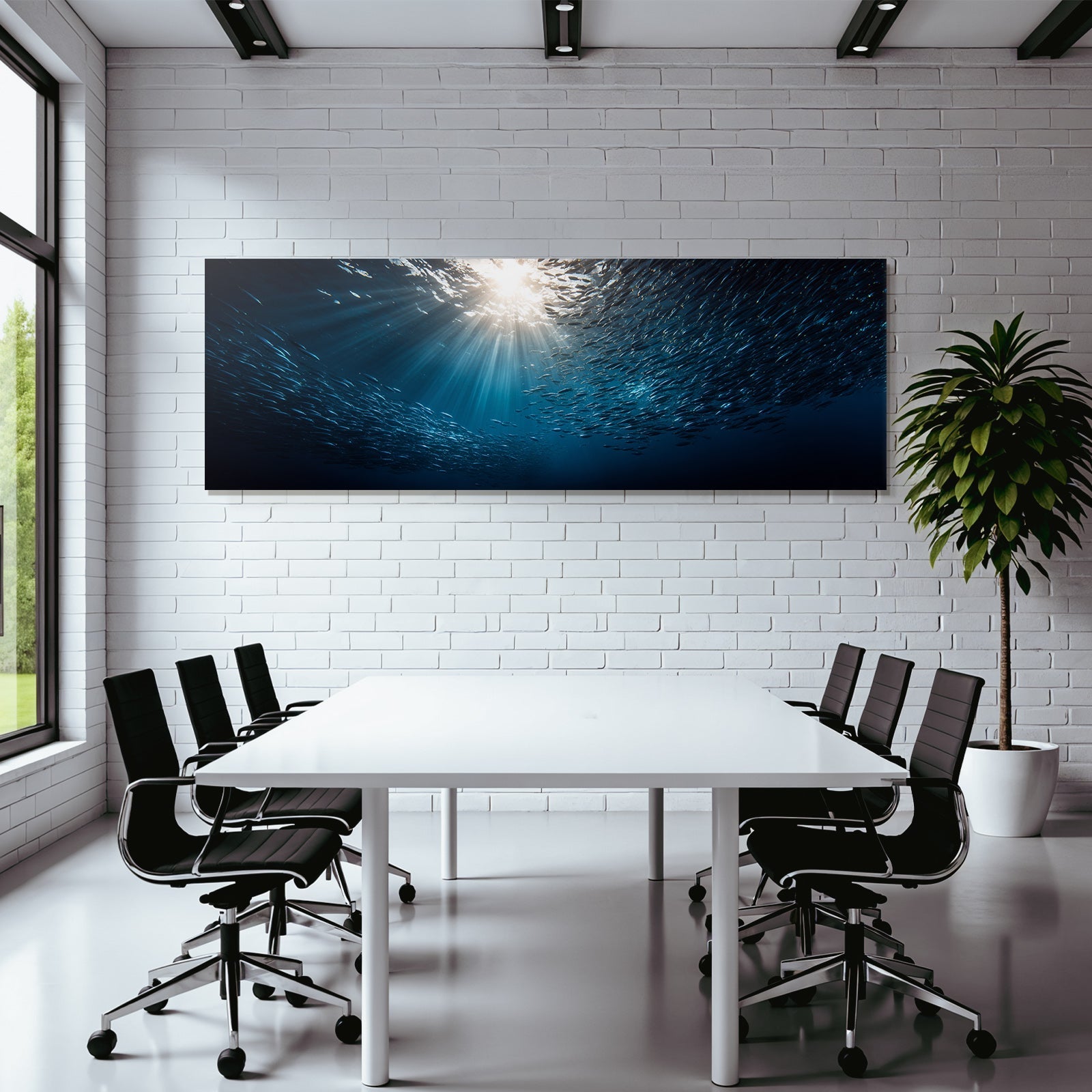 Meeres Fischschwarm Unterwasser Mit Sonnenlicht Effekt