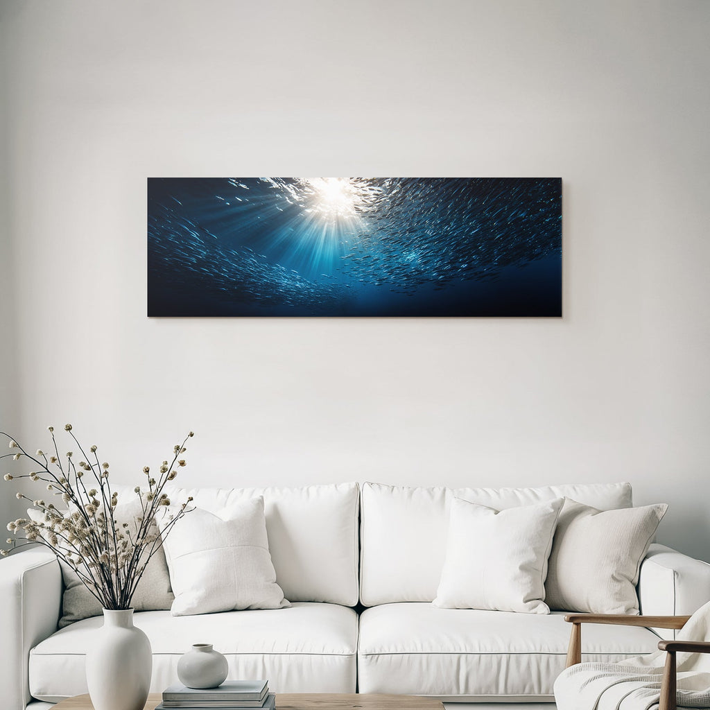 Meeres Fischschwarm Unterwasser Mit Sonnenlicht Effekt