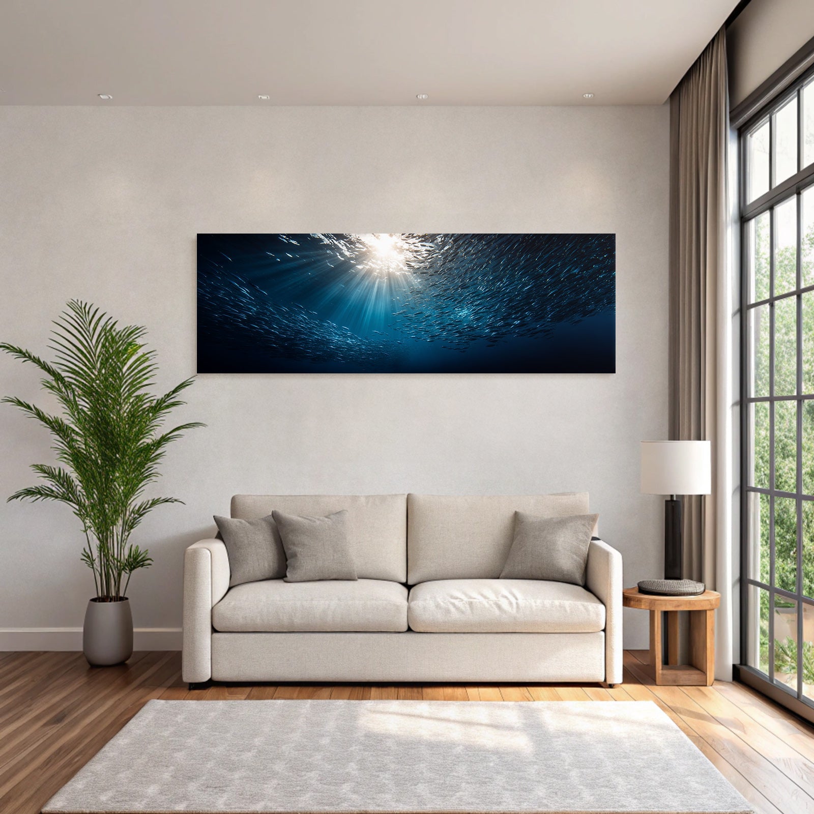 Meeres Fischschwarm Unterwasser Mit Sonnenlicht Effekt