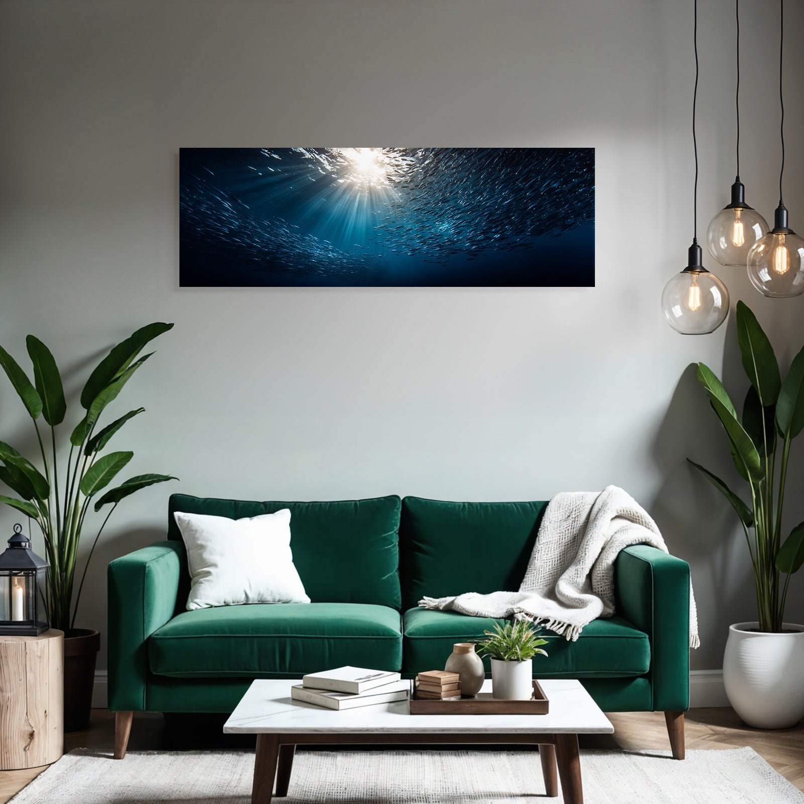 Meeres Fischschwarm Unterwasser Mit Sonnenlicht Effekt