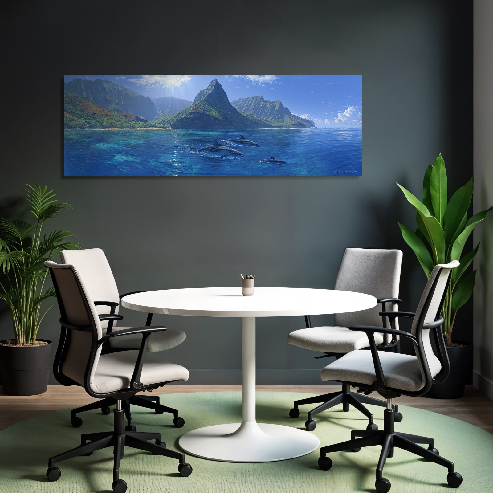 Meeres Ozeanlandschaft Mit Delfinen Und Dramatischen Bergen