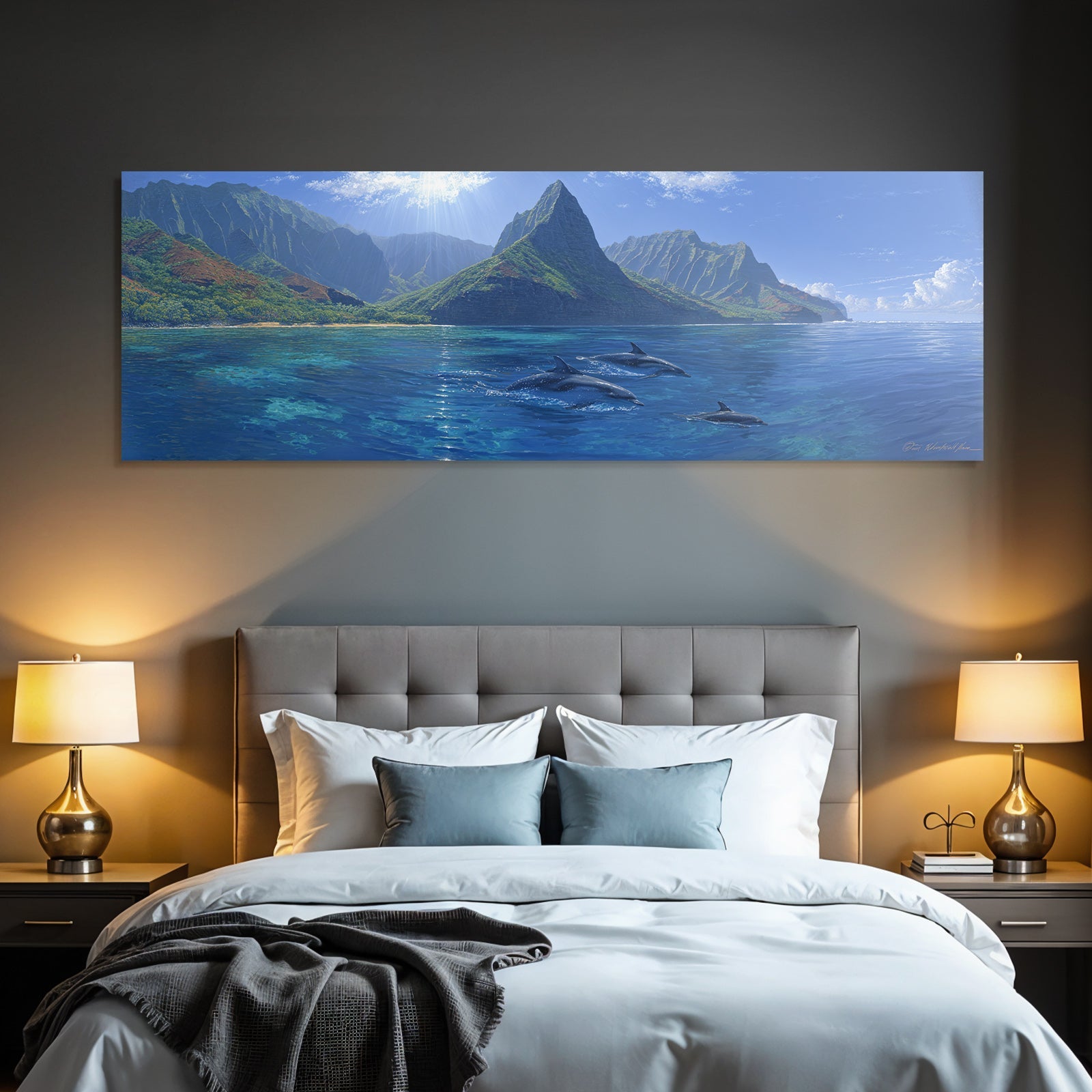 Meeres Ozeanlandschaft Mit Delfinen Und Dramatischen Bergen