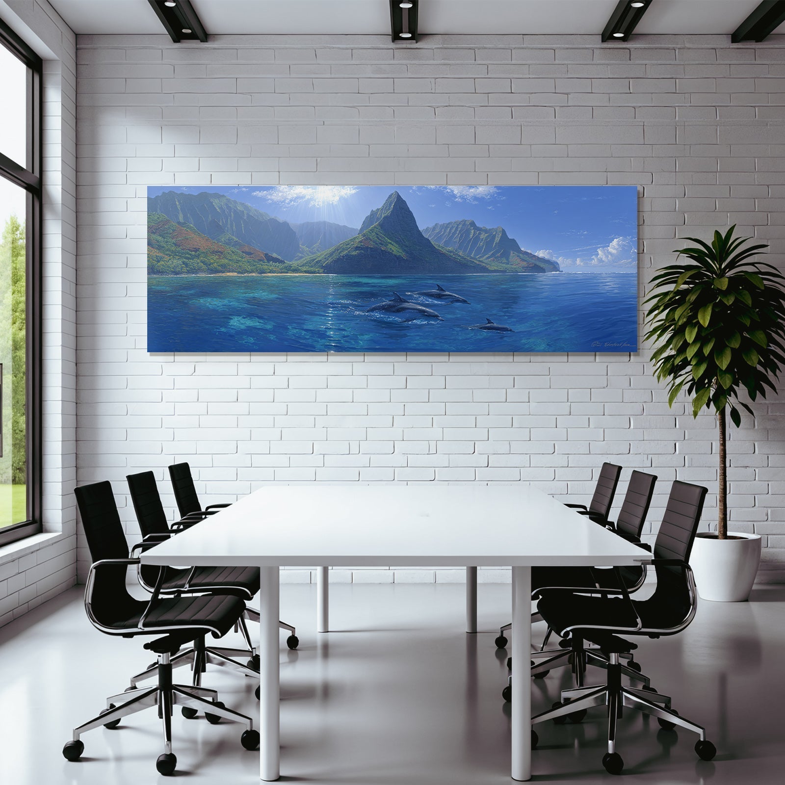 Meeres Ozeanlandschaft Mit Delfinen Und Dramatischen Bergen