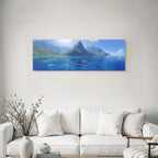 Meeres Ozeanlandschaft Mit Delfinen Und Dramatischen Bergen