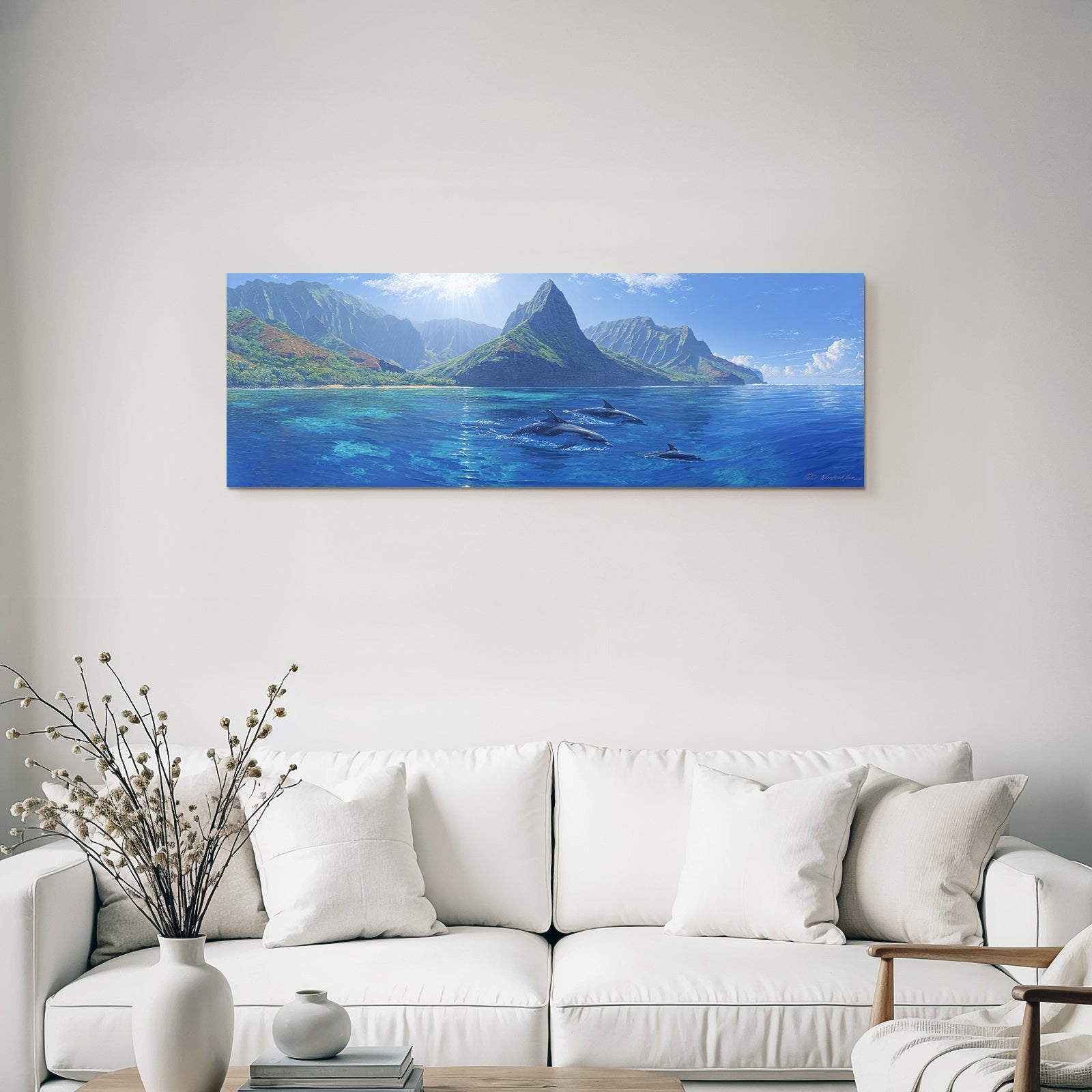 Meeres Ozeanlandschaft Mit Delfinen Und Dramatischen Bergen