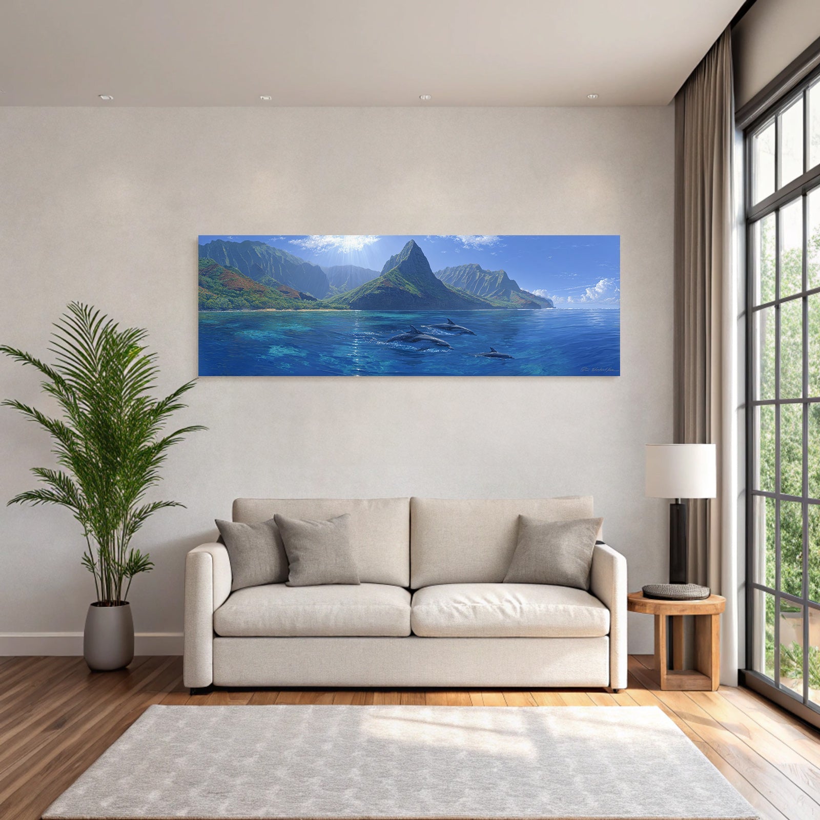 Meeres Ozeanlandschaft Mit Delfinen Und Dramatischen Bergen