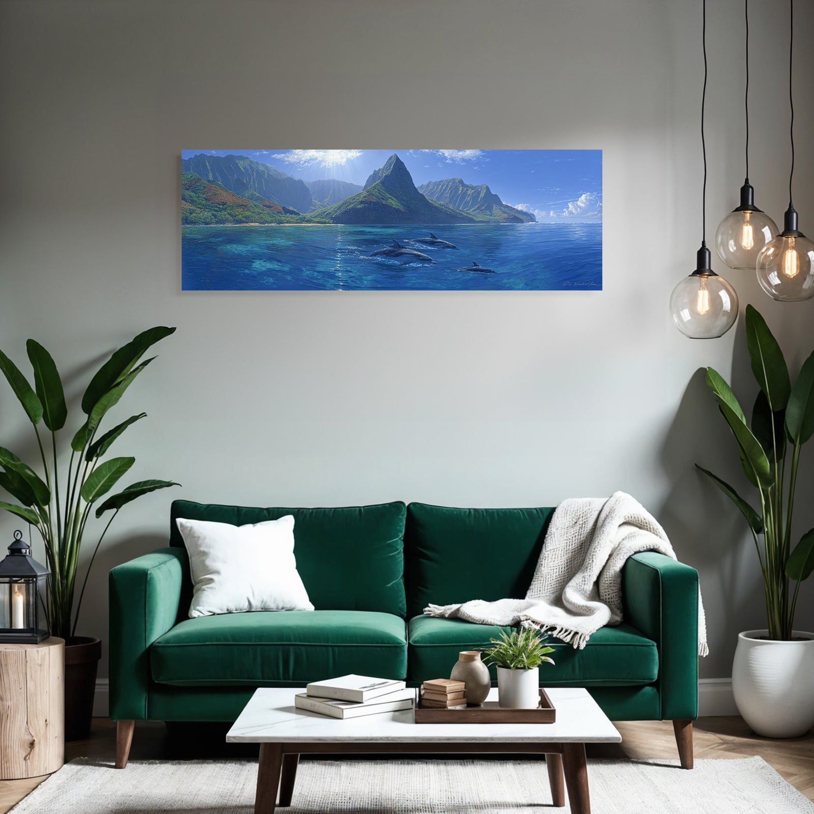 Meeres Ozeanlandschaft Mit Delfinen Und Dramatischen Bergen