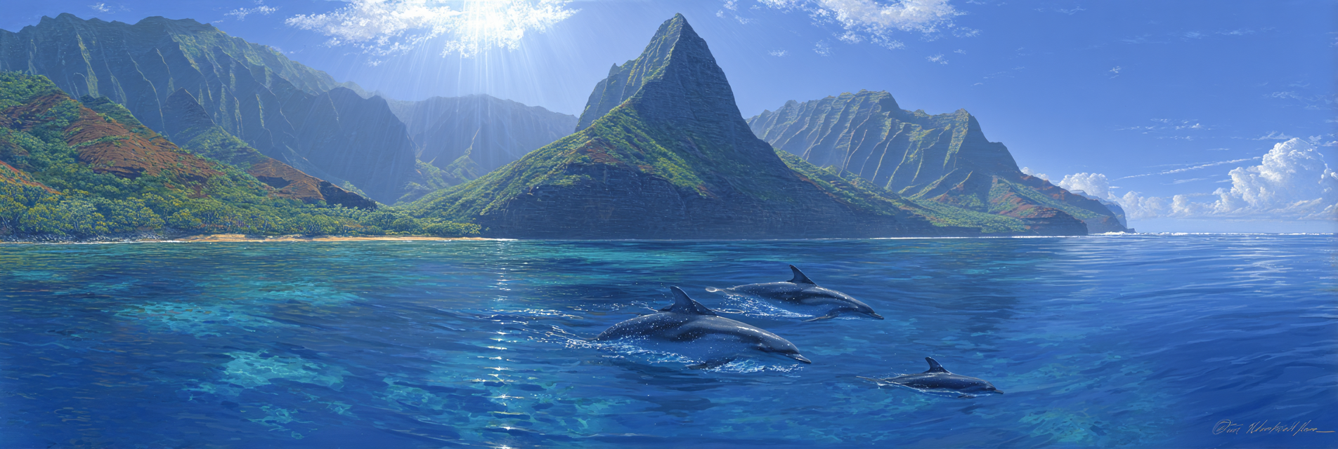 Meeres Ozeanlandschaft Mit Delfinen Und Dramatischen Bergen | Meerestiere | Tiere