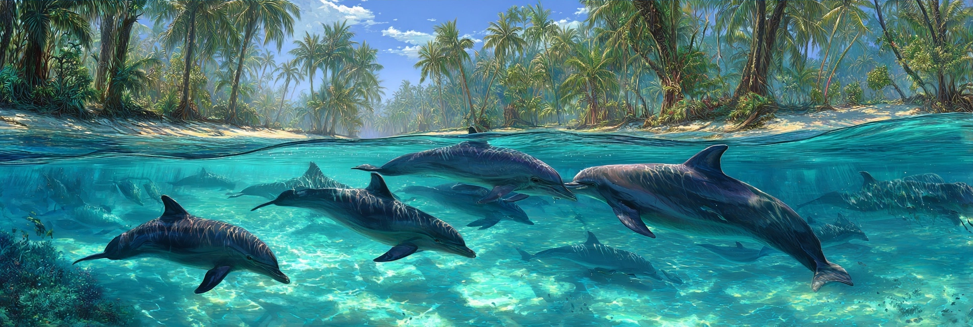 Meeres Unterwasser Szene Mit Delfinen Klarem Türkis Wasser Und Palmen | Meerestiere | Tiere