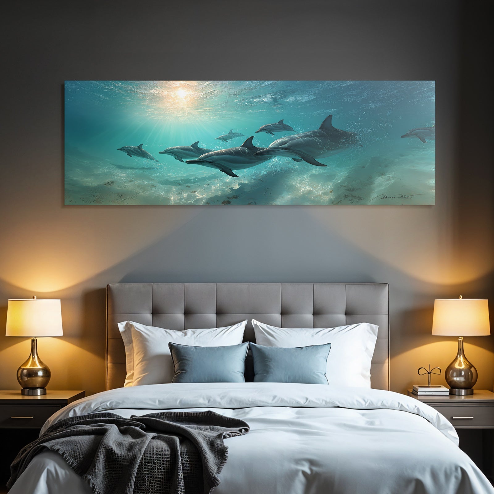 Meeres Unterwasser Szene Mit Delfinen Sonnenstrahlen Sandigem Boden Und Meerespflanzen