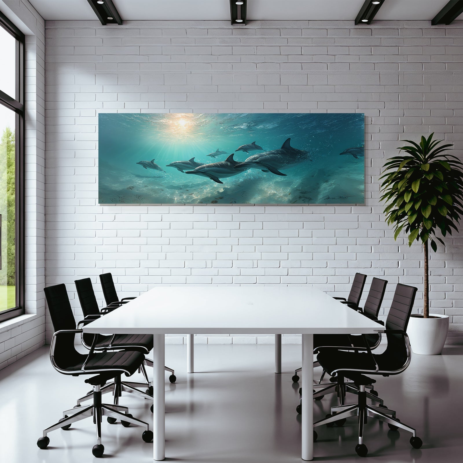 Meeres Unterwasser Szene Mit Delfinen Sonnenstrahlen Sandigem Boden Und Meerespflanzen