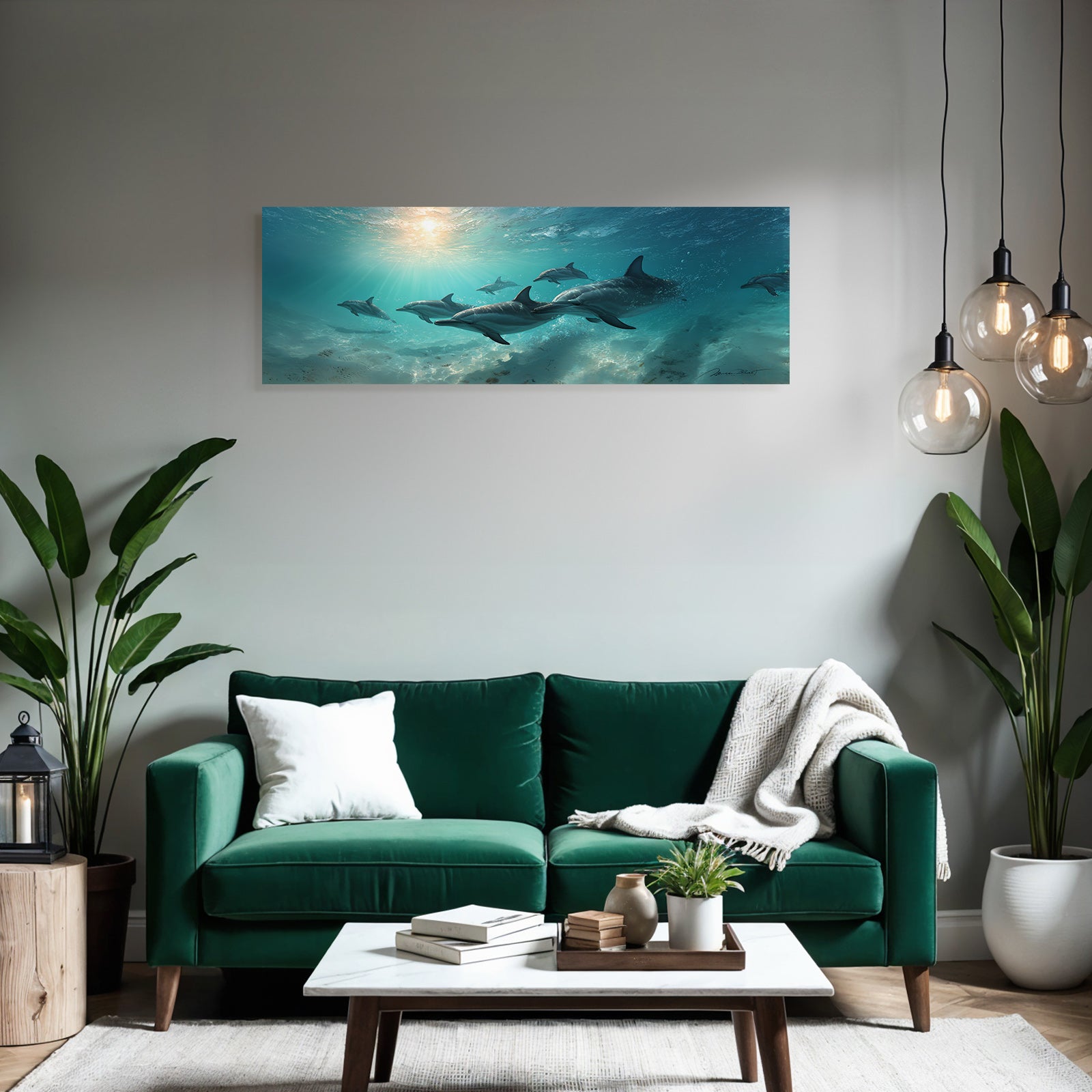 Meeres Unterwasser Szene Mit Delfinen Sonnenstrahlen Sandigem Boden Und Meerespflanzen
