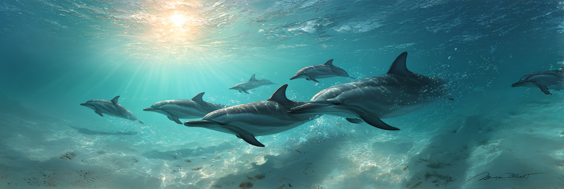 Meeres Unterwasser Szene Mit Delfinen Sonnenstrahlen Sandigem Boden Und Meerespflanzen | Meerestiere | Tiere