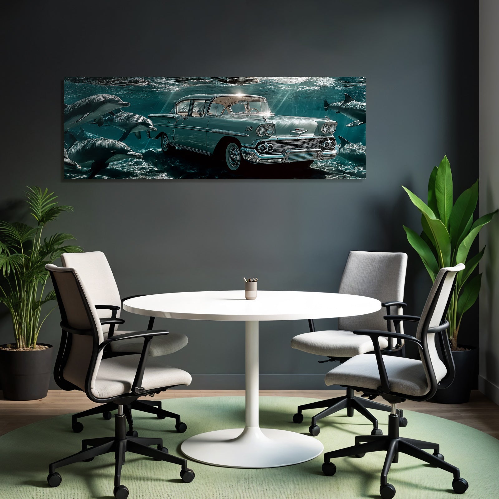 Meeres Vintage Auto Unter Wasser Umgeben Von Delphinen