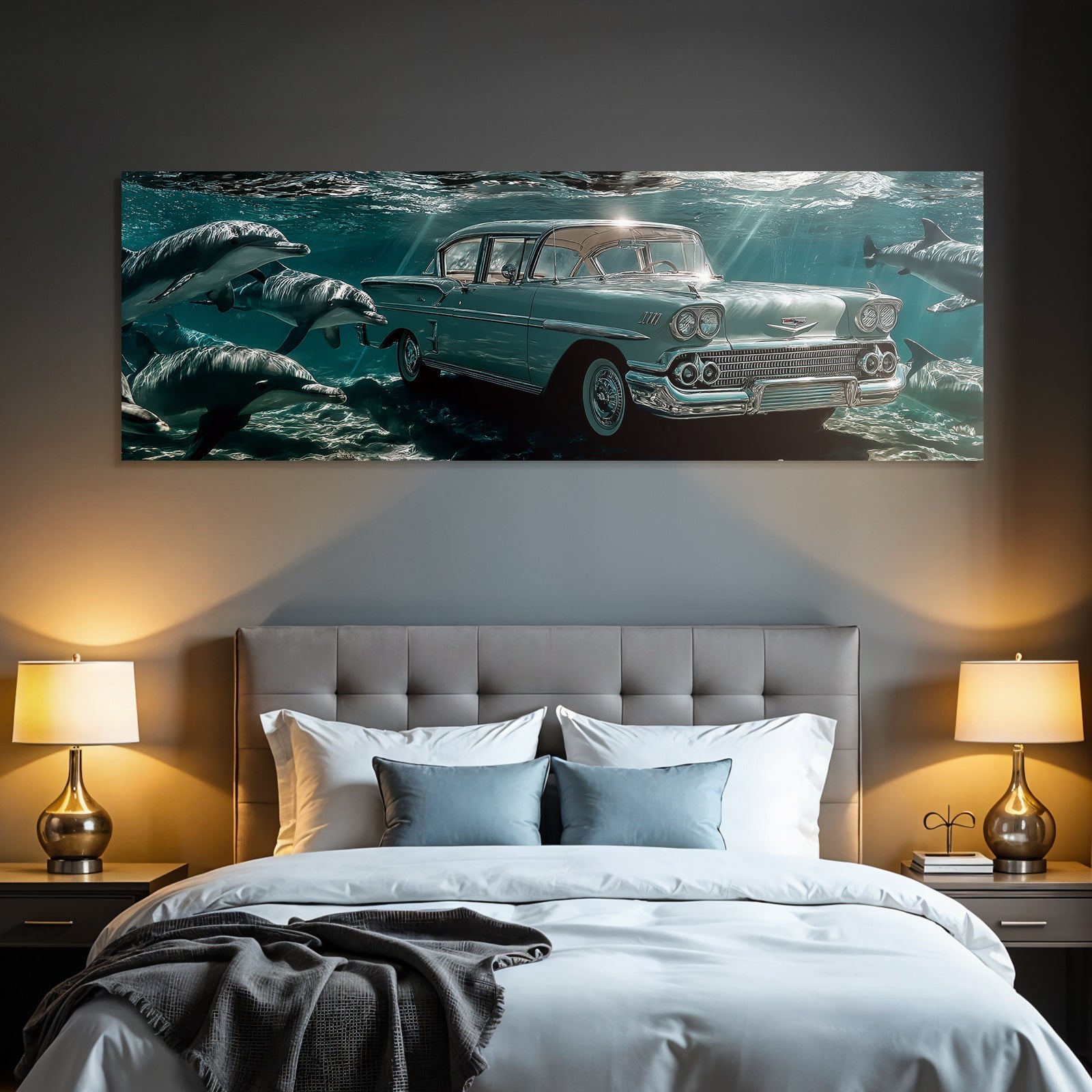 Meeres Vintage Auto Unter Wasser Umgeben Von Delphinen