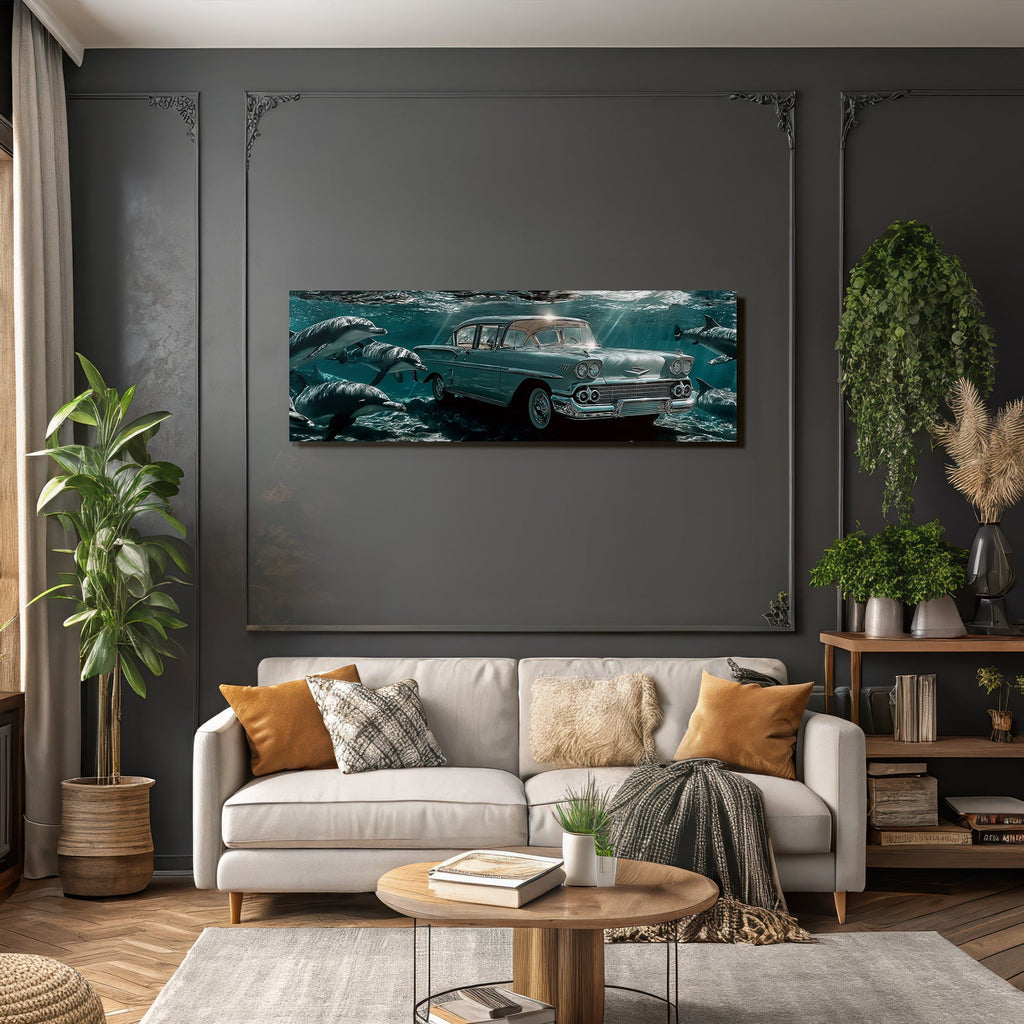 Meeres Vintage Auto Unter Wasser Umgeben Von Delphinen