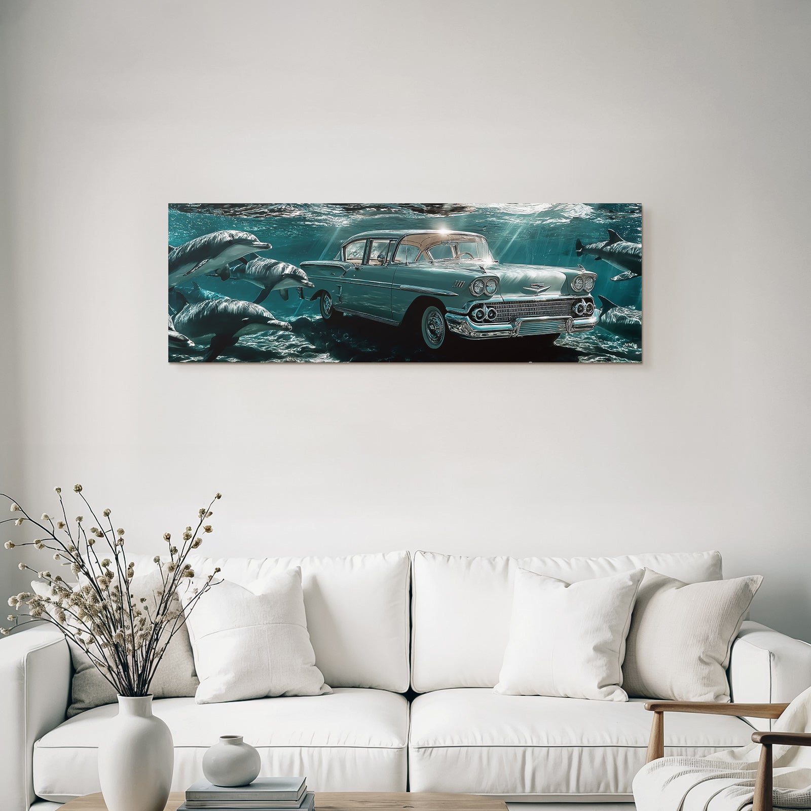 Meeres Vintage Auto Unter Wasser Umgeben Von Delphinen