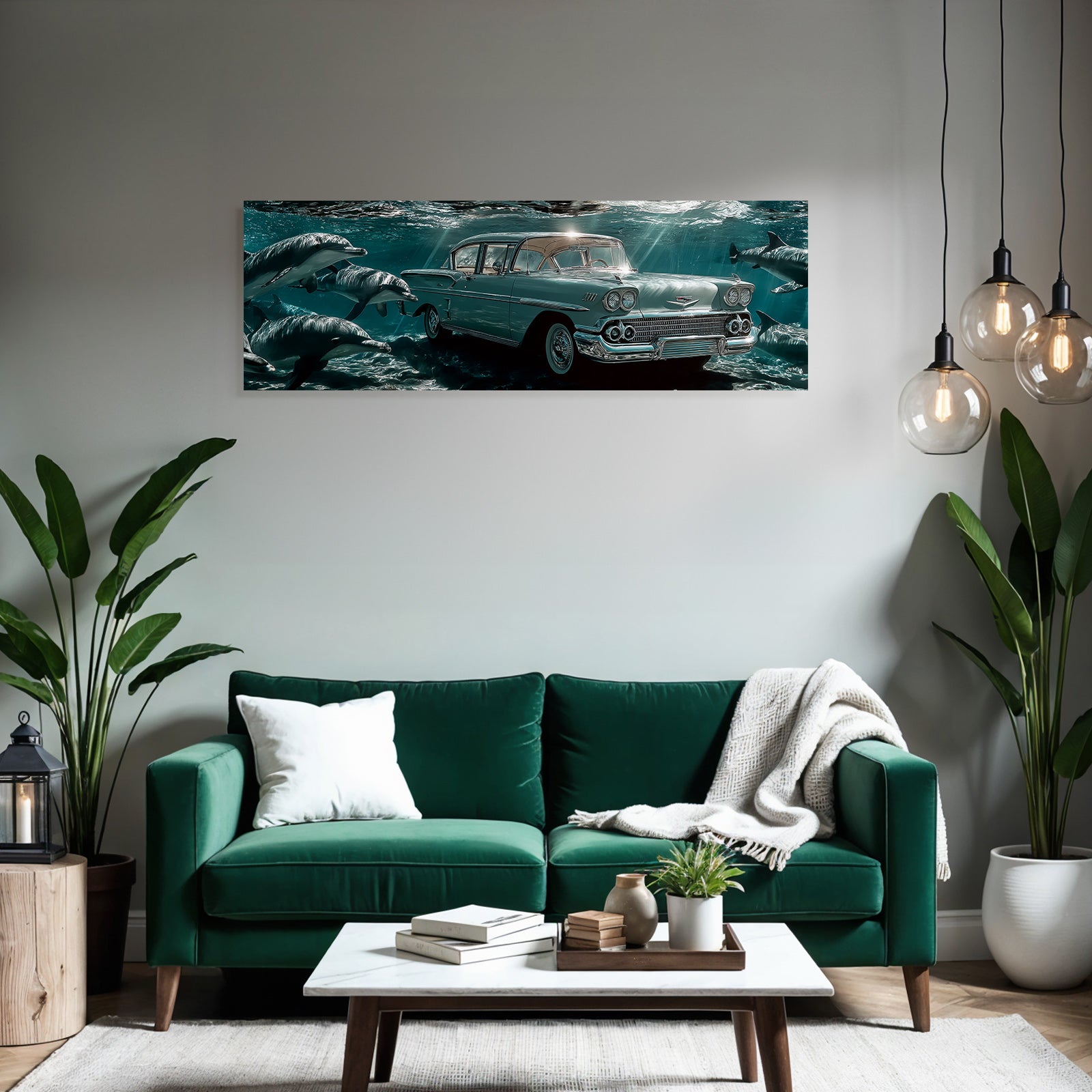 Meeres Vintage Auto Unter Wasser Umgeben Von Delphinen