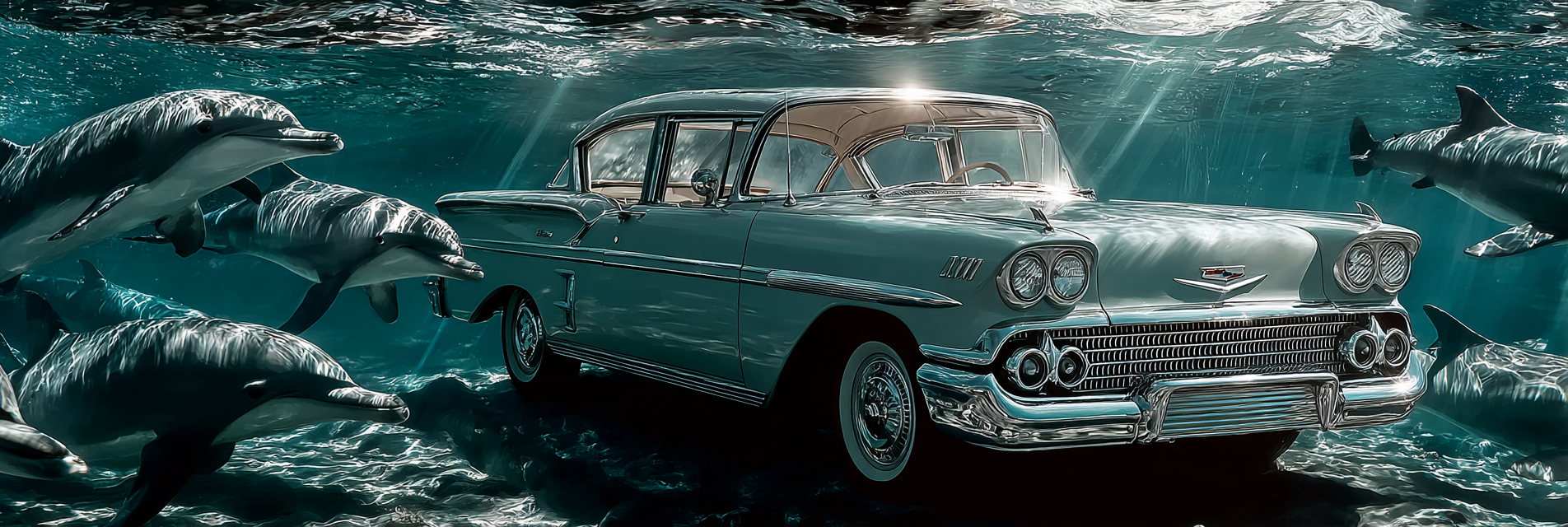 Meeres Vintage Auto Unter Wasser Umgeben Von Delphinen | Meerestiere | Tiere