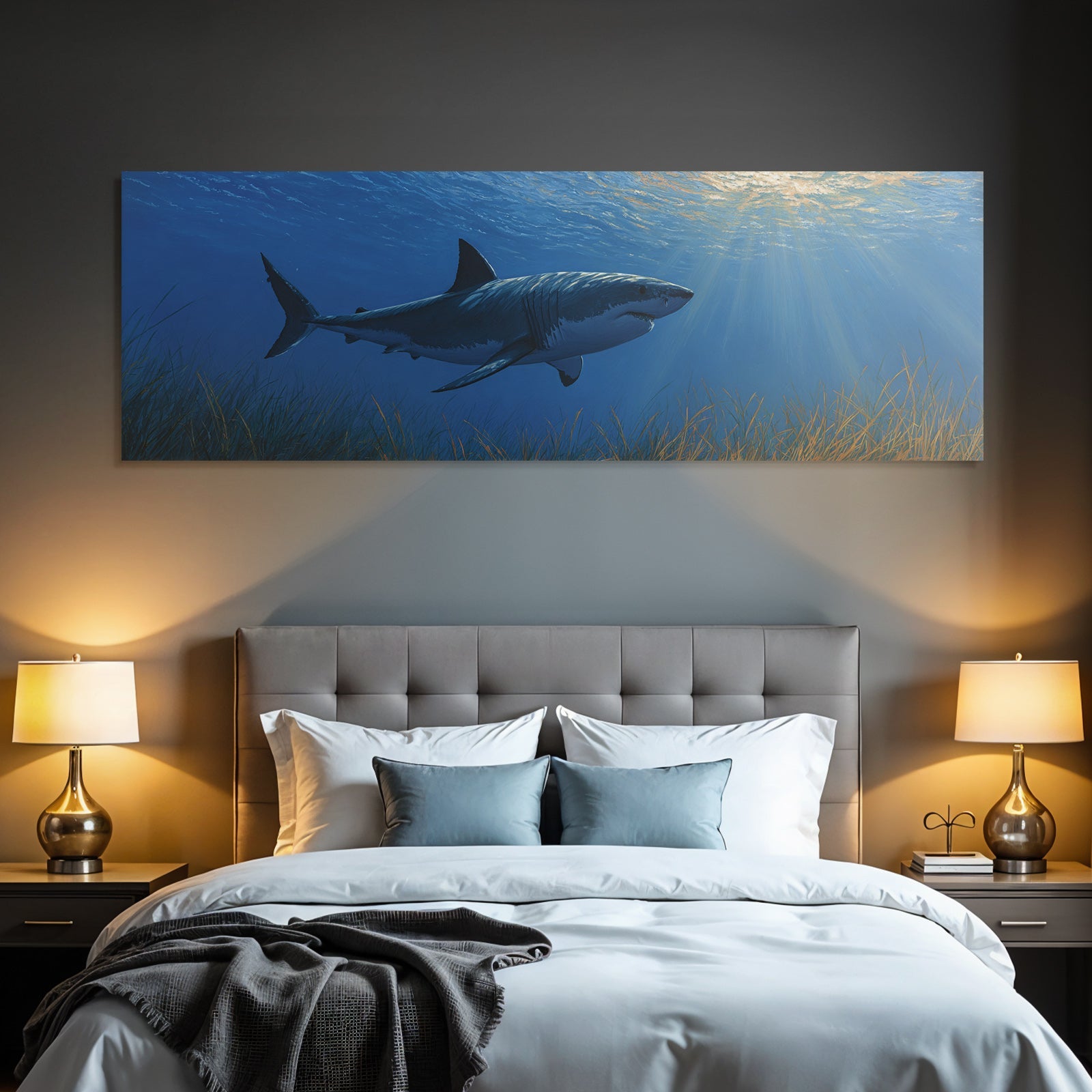 Meeres Unterwasser Szene Mit Haifisch Im Ozean Mit Lichtstrahlen