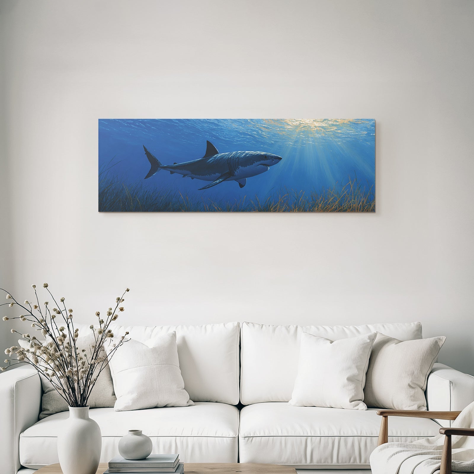 Meeres Unterwasser Szene Mit Haifisch Im Ozean Mit Lichtstrahlen