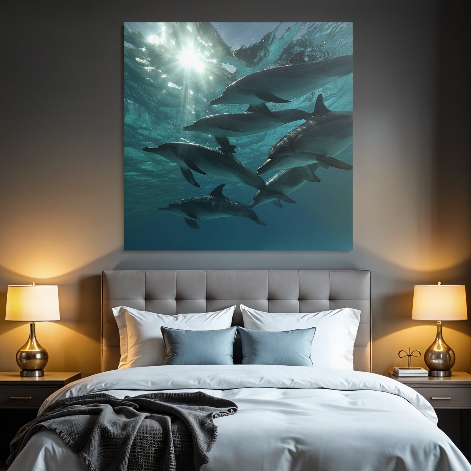 Meeres Delfine Im Wasser In Dynamischer Pose Mit Sonnenlicht
