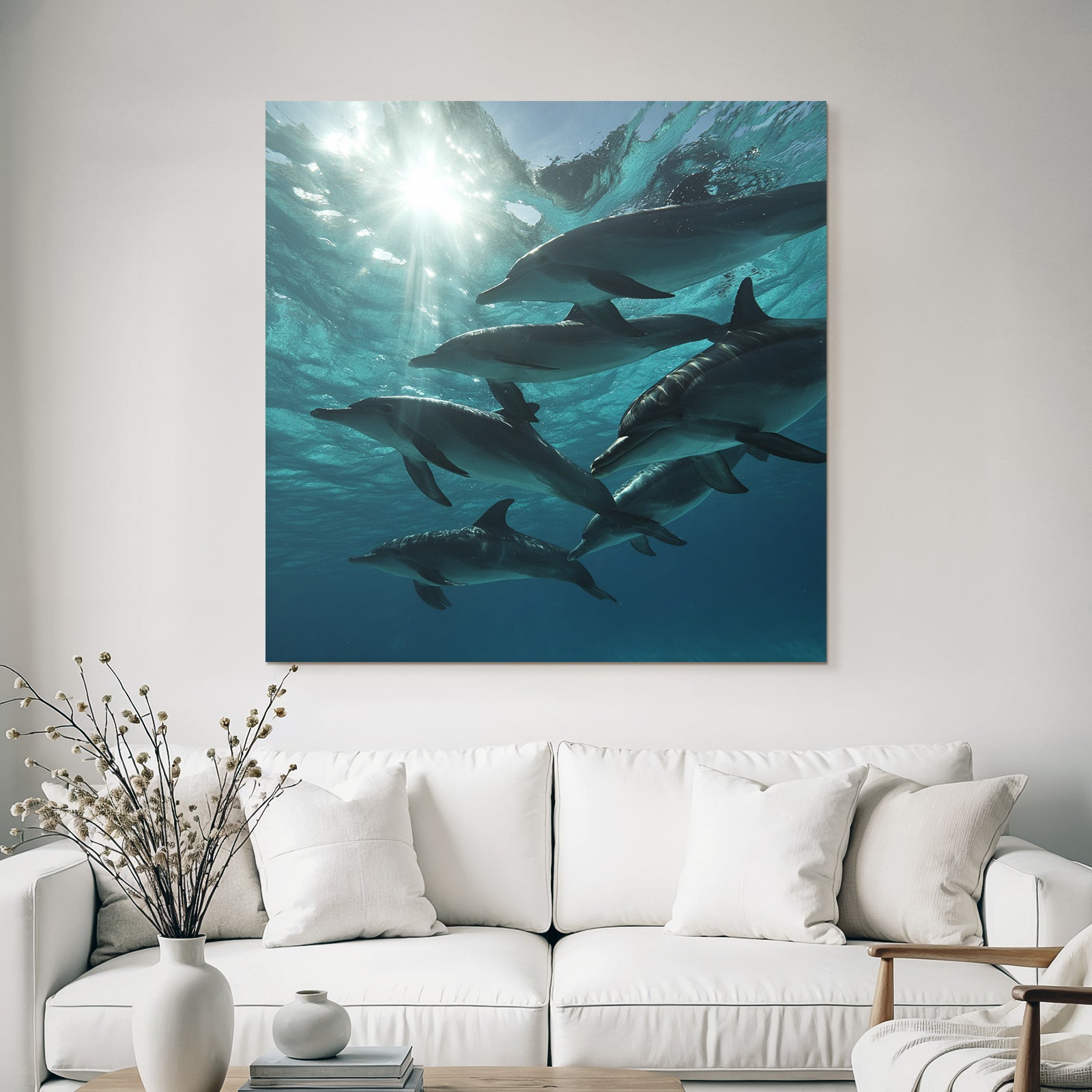 Meeres Delfine Im Wasser In Dynamischer Pose Mit Sonnenlicht