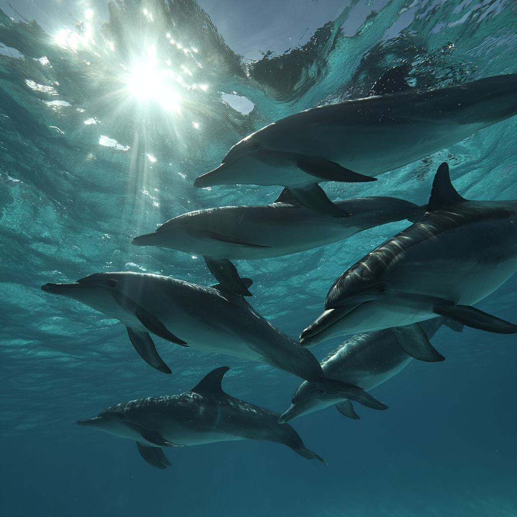 Meeres Delfine Im Wasser In Dynamischer Pose Mit Sonnenlicht | Meerestiere | Tiere