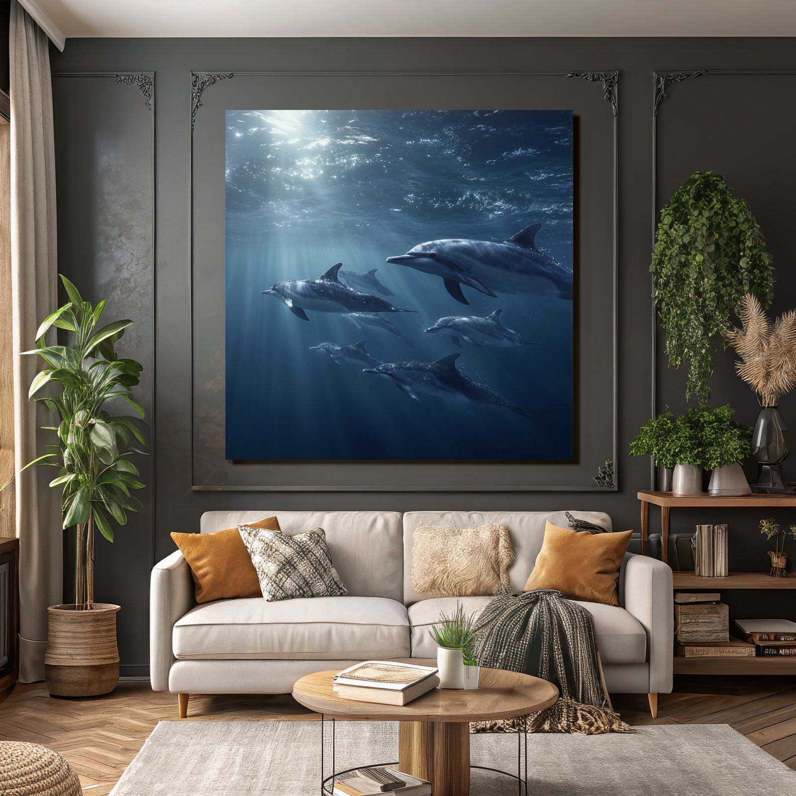 Meeres Delfine Im Wasser Mit Lichtstrahlen