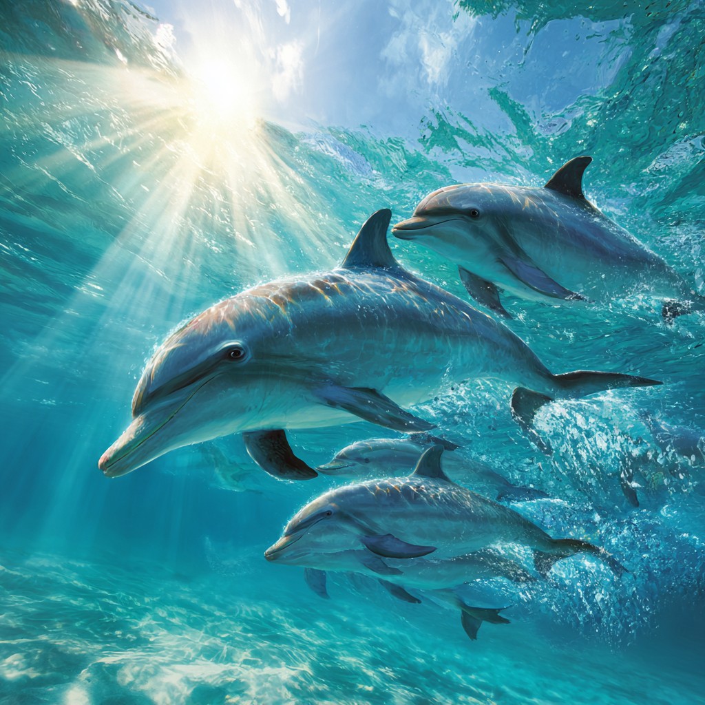 Meeres Delfine Unterwasser Schwimmen Mit Sonnenstrahlen | Meerestiere | Tiere