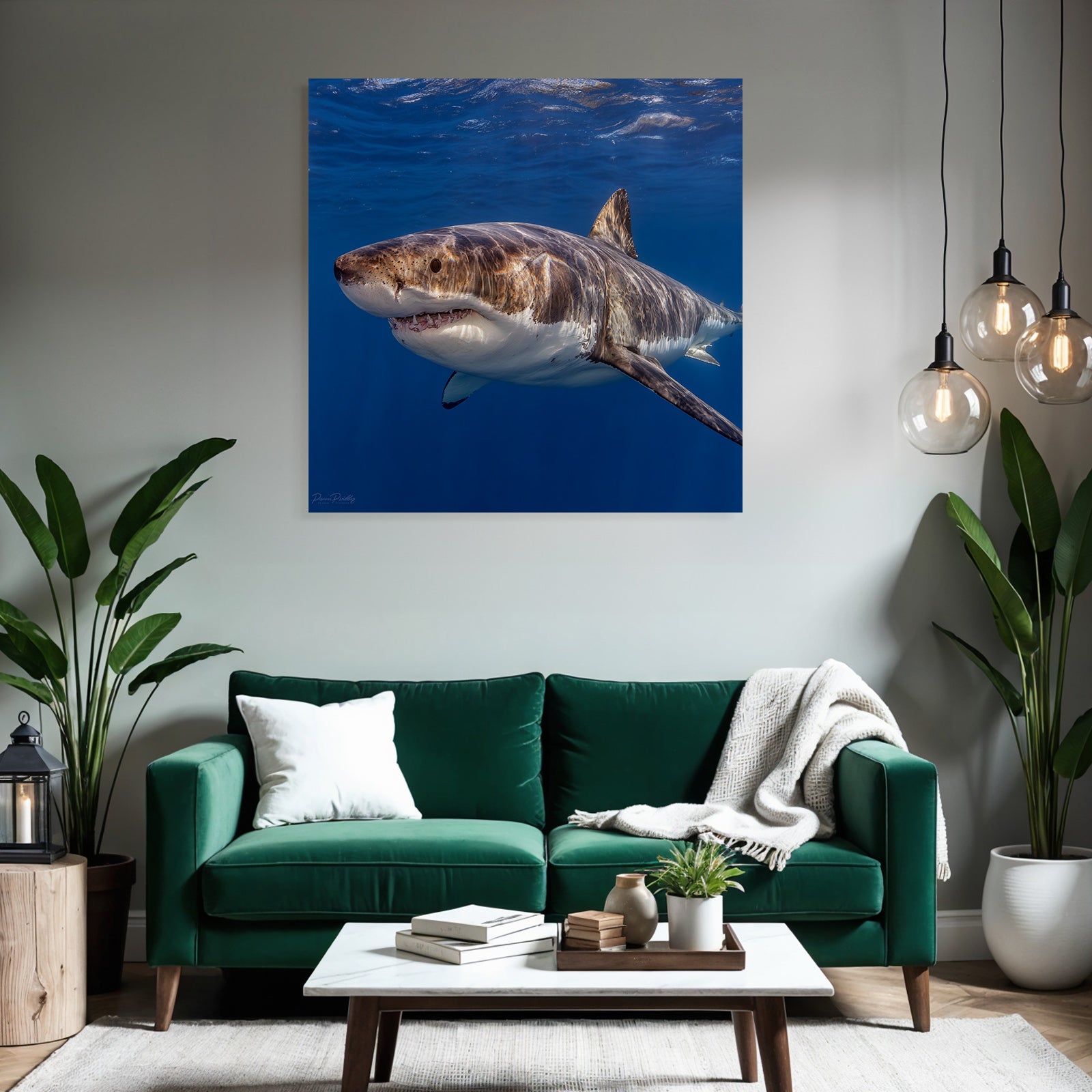Meeres Grossweisser Haifisch Mit Dorsaler Flosse Im Tiefblaün Meer