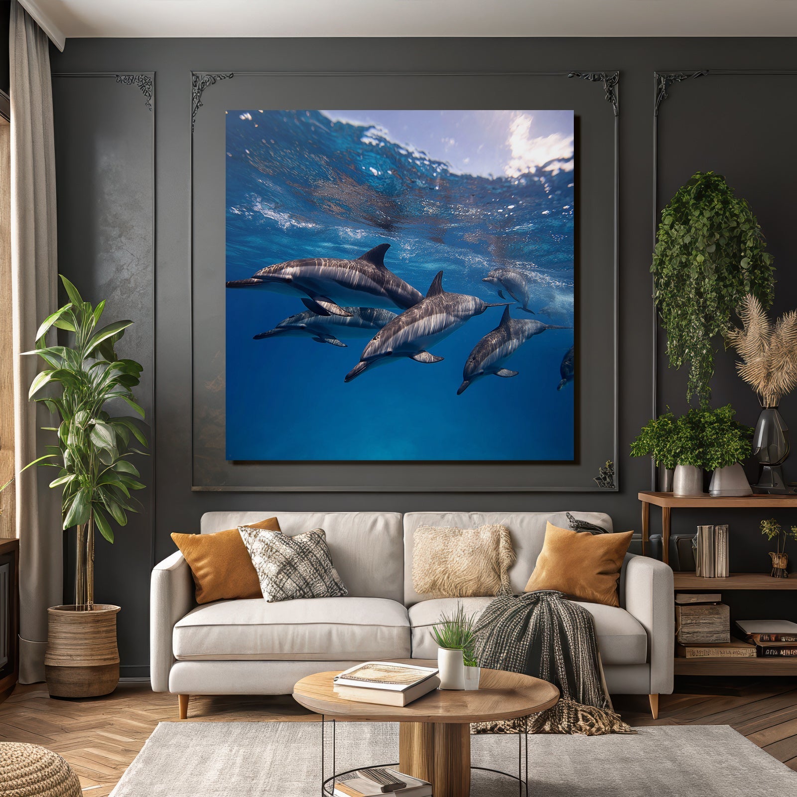 Meeres Gruppe Von Delfinen Unterwasser Lichtspiel Und Blaür Ozean