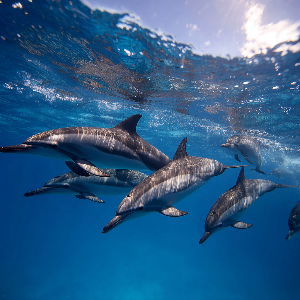Meeres Gruppe Von Delfinen Unterwasser Lichtspiel Und Blaür Ozean | Meerestiere | Tiere