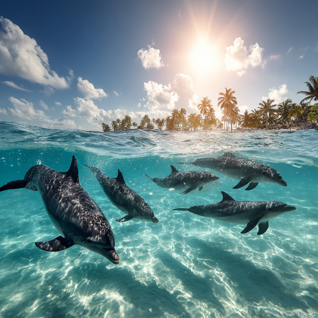 Meeres Gruppe Von Delfinen Im Klarem Blaüm Wasser Mit Palmen Und Teilweise Verdeckter Sonne | Meerestiere | Tiere