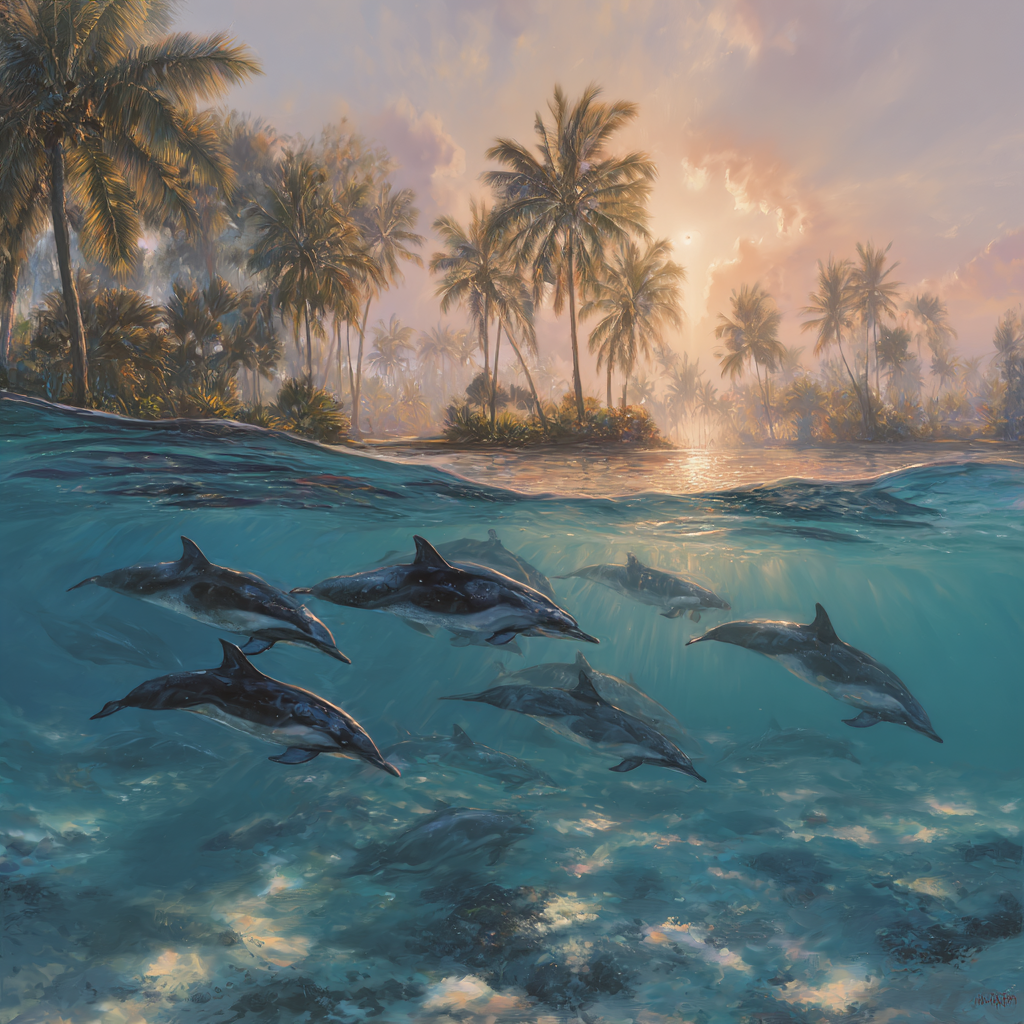 Meeres Sanfter Unterwasserblick Mit Delfinen Und Tropischem Sonnenuntergang | Meerestiere | Tiere