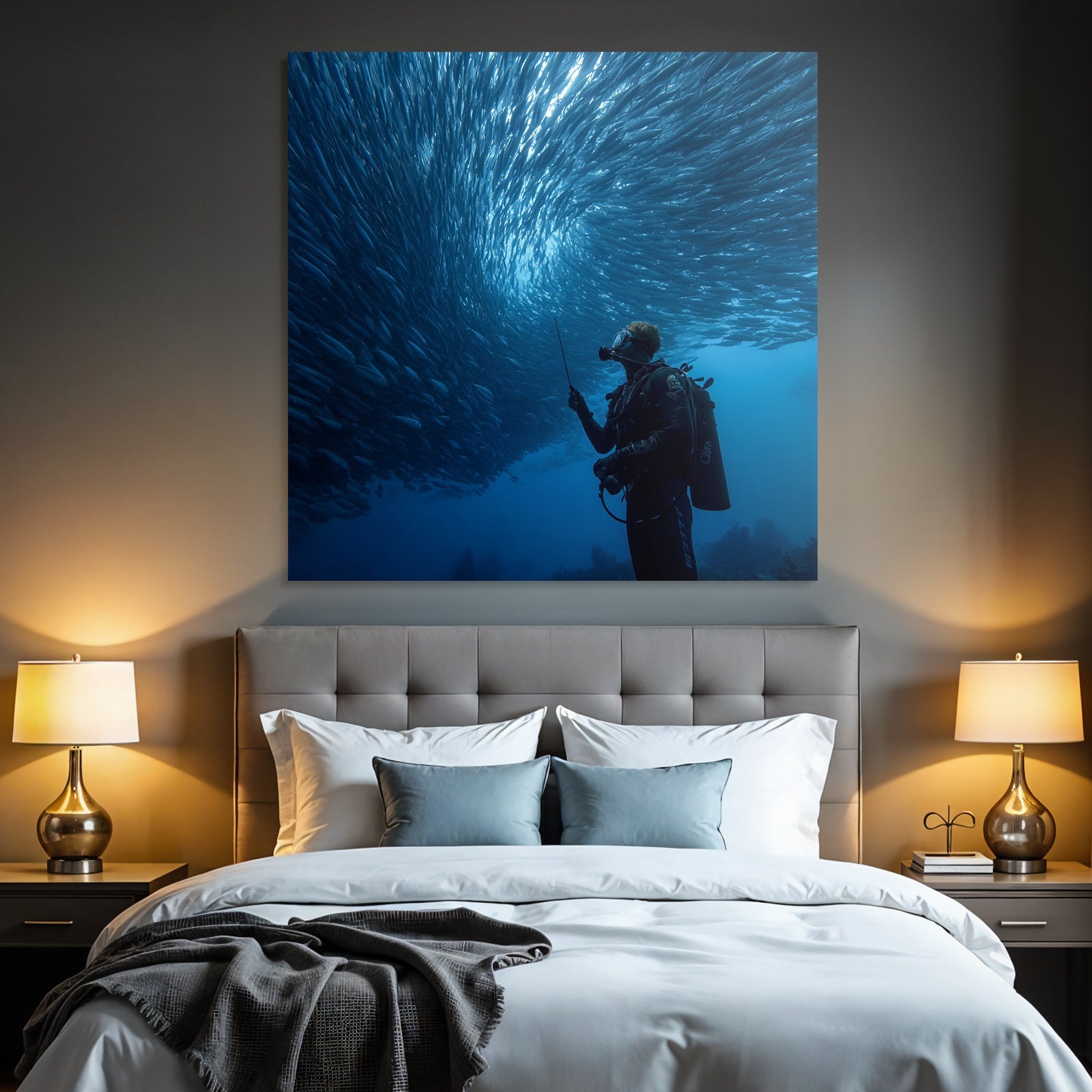 Meeres Unterwasserwelt Mit Taucher Und Fischschwarm