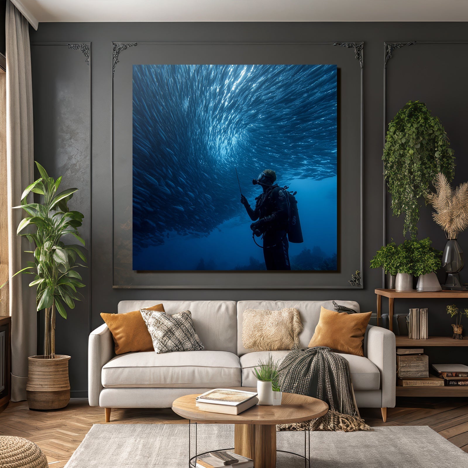 Meeres Unterwasserwelt Mit Taucher Und Fischschwarm