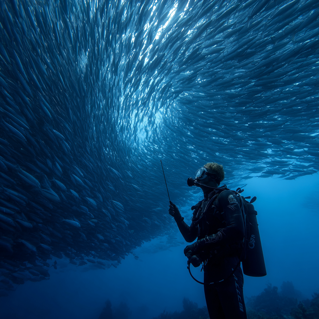 Meeres Unterwasserwelt Mit Taucher Und Fischschwarm | Meerestiere | Tiere