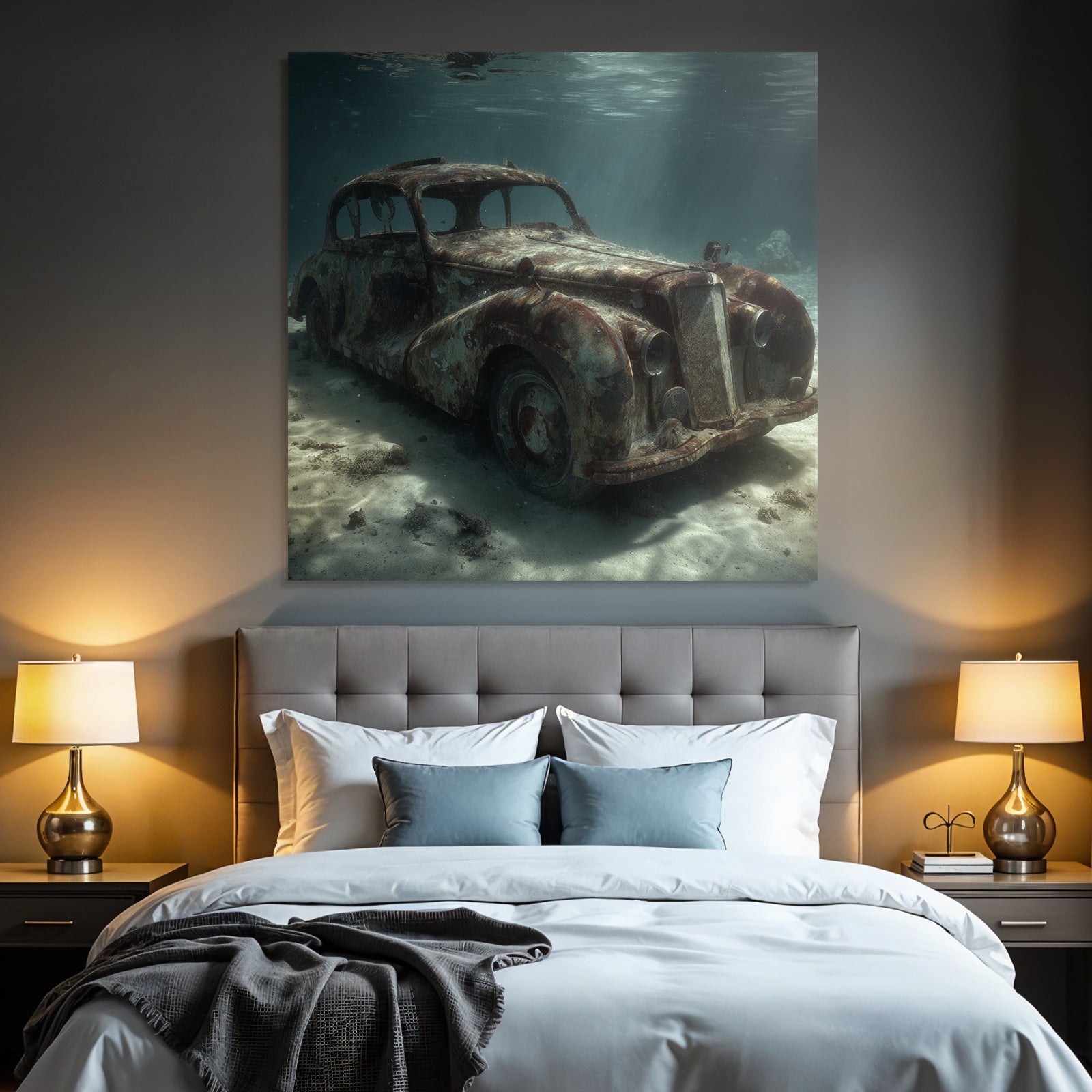 Meeres Verlassener Vintage Auto Unter Wasser Lichtstrahlen Verfall