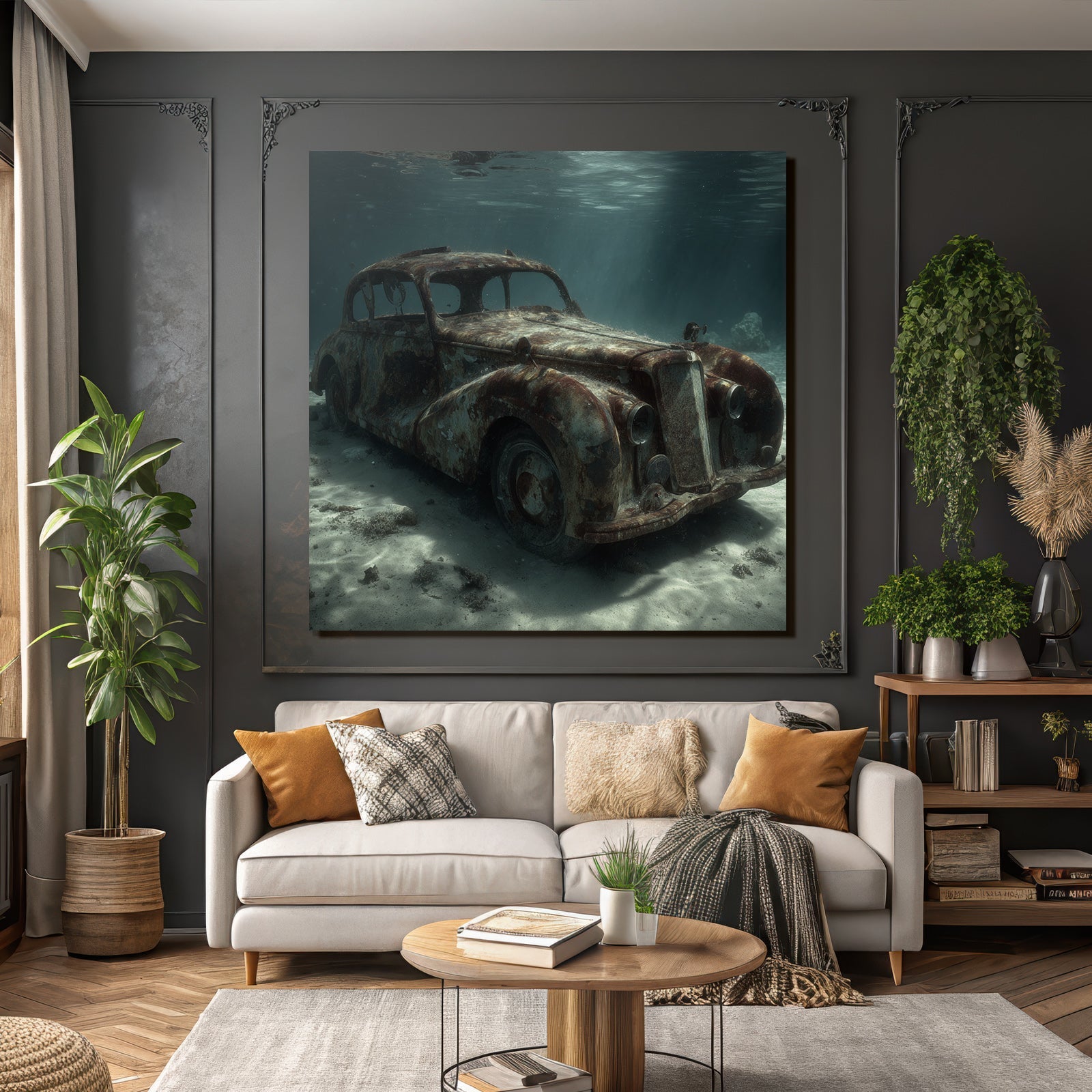 Meeres Verlassener Vintage Auto Unter Wasser Lichtstrahlen Verfall