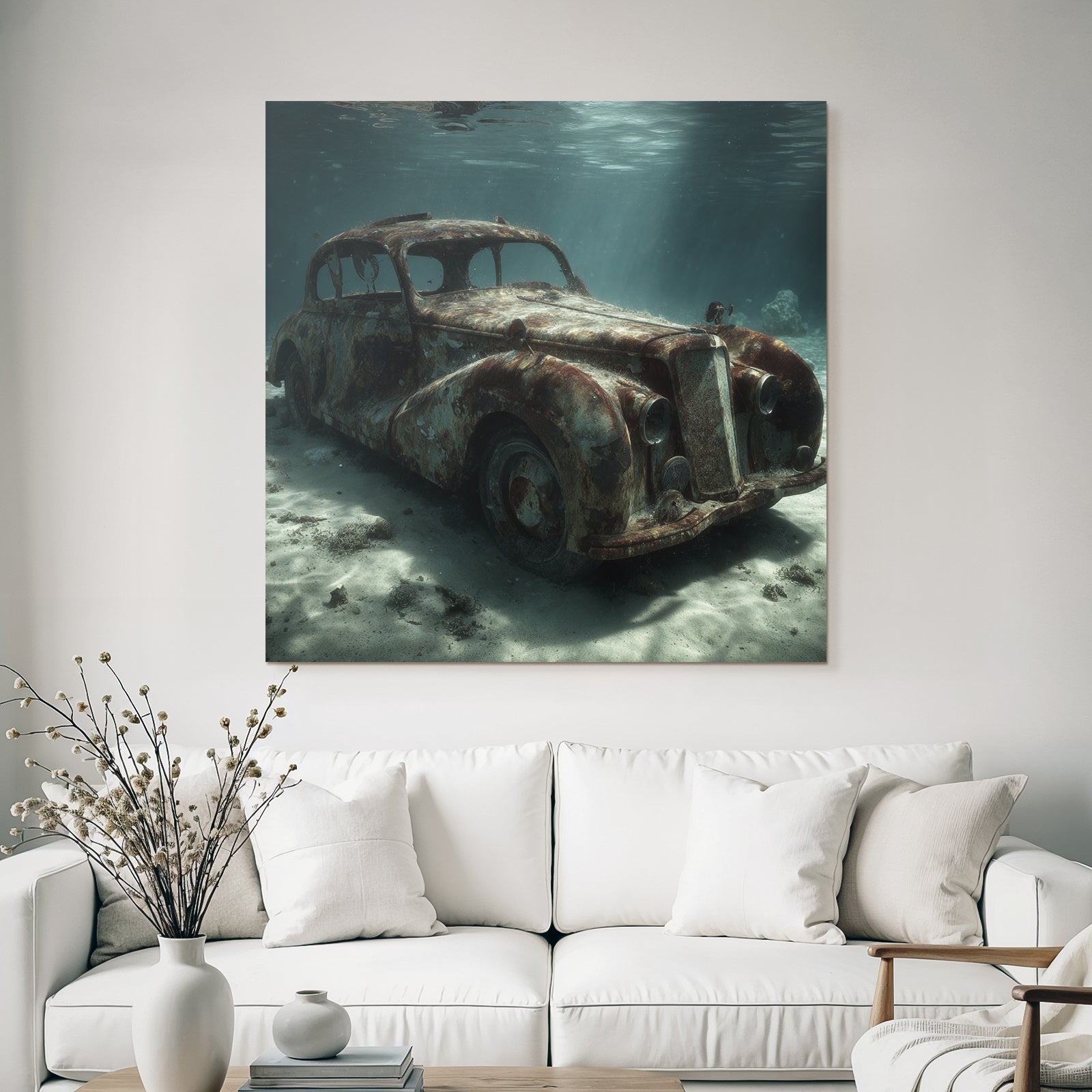Meeres Verlassener Vintage Auto Unter Wasser Lichtstrahlen Verfall